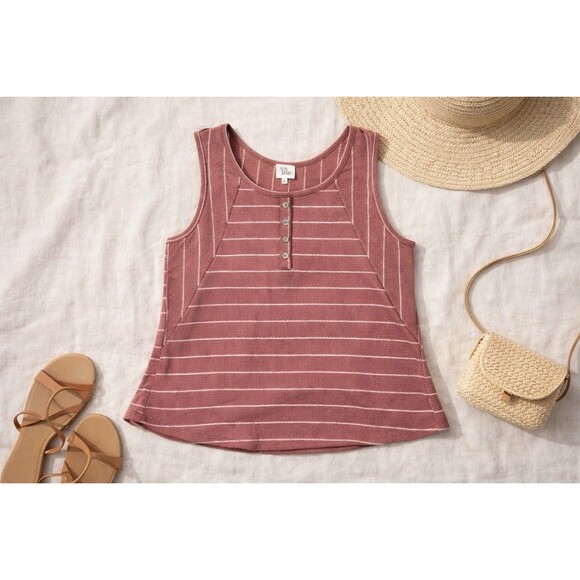 Ava James Tops - Striped Ribbed Henley Tank Button Front Coastal Boho Casual Top